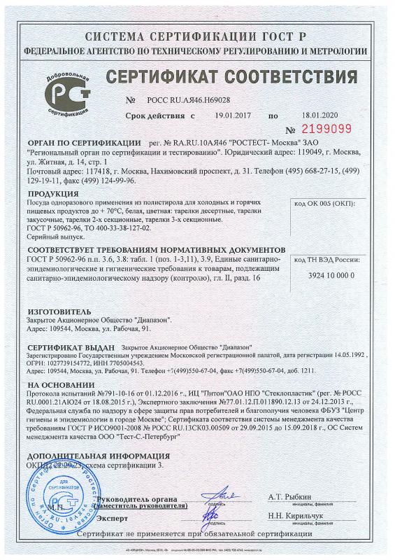 Сертификат соответствия ЗАО Диапазон Тарелки PS